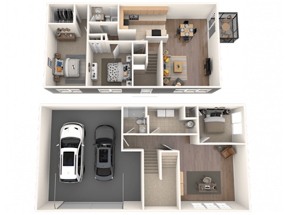 A top-down view of a two-story house with a living room, kitchen, and two bedrooms.