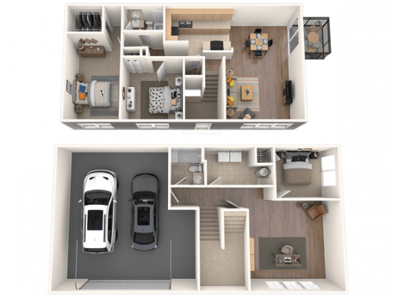 a 3d rendering of a house and a floor plan with a car and a
