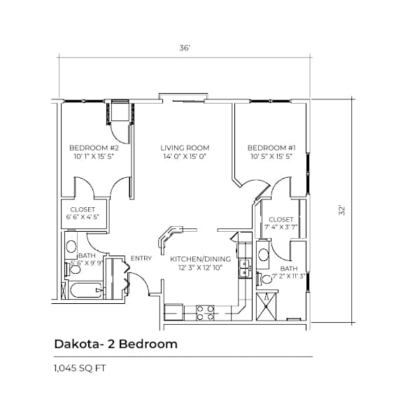 A floor plan of a two bedroom apartment in Dakota with dimensions.