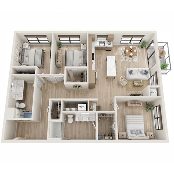 A top-down view of a house layout with multiple rooms and furniture.