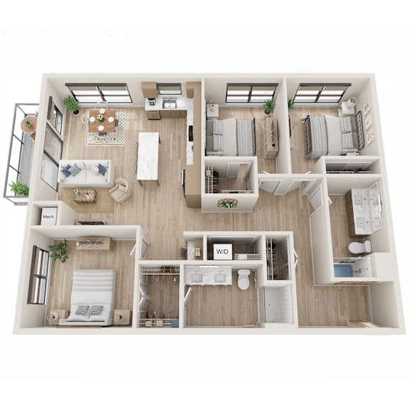 A top-down view of a house layout with a living room, kitchen, and bedrooms.