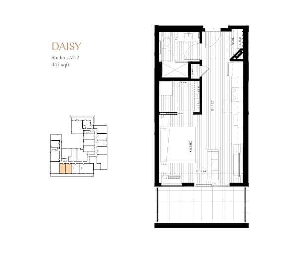 A floor plan and elevation drawing for a studio apartment.