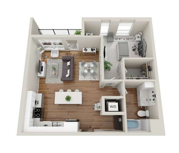 A 3D floor plan of a small apartment with a living room, kitchen, and bathroom.