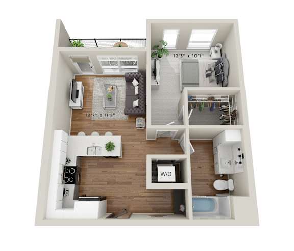 A 3D floor plan of a small apartment with a living room, kitchen, and bathroom.