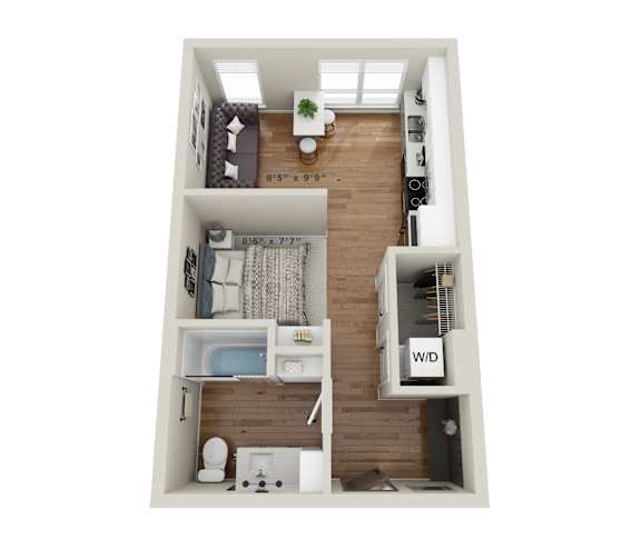 A top-down view of a small apartment with a bedroom, bathroom, and kitchen area.