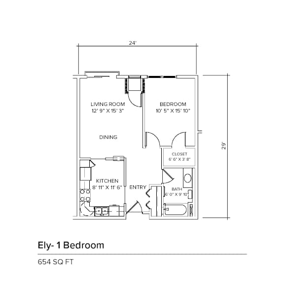 A floor plan for an Ely-1 Bedroom apartment sized 654 square feet.