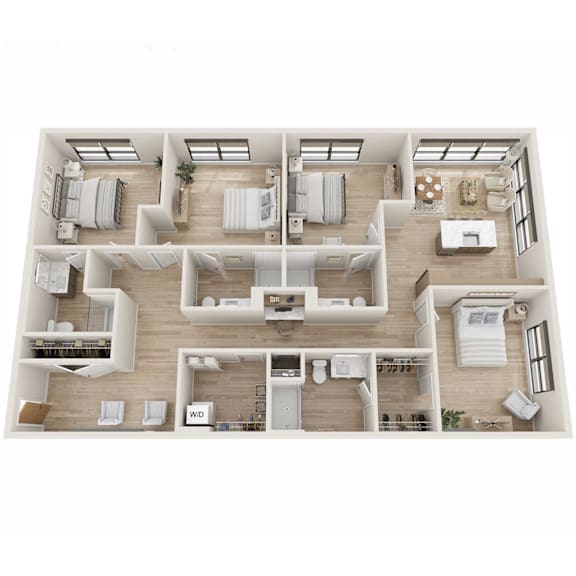 A top-down view of a modern apartment layout with multiple rooms and furniture.