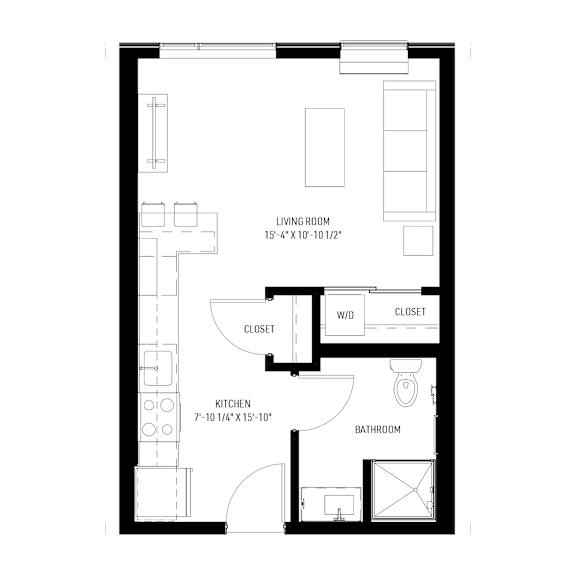 A floor plan of a small apartment with a living room, kitchen, bathroom, and two closets.