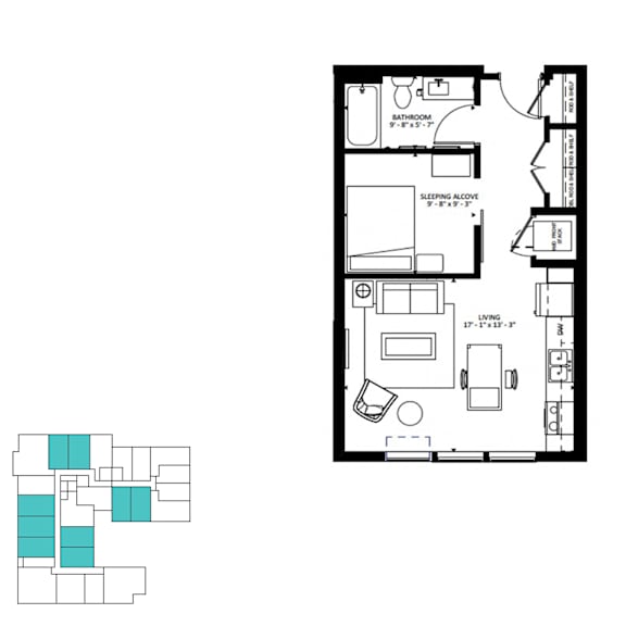 A floor plan of a house with a living room, two bedrooms, and a bathroom.