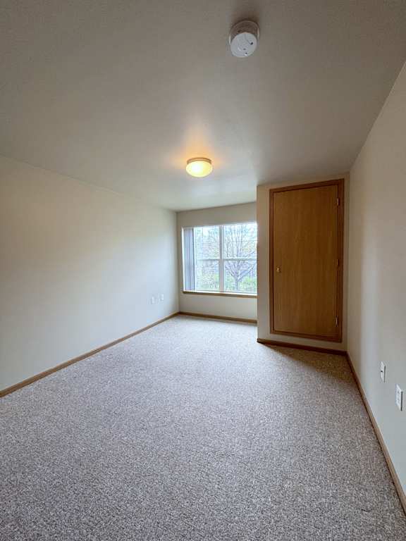 A room with a carpeted floor and a window.