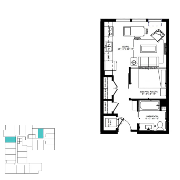 A floor plan of a house with a living room, sleeping alcove, and bathroom.