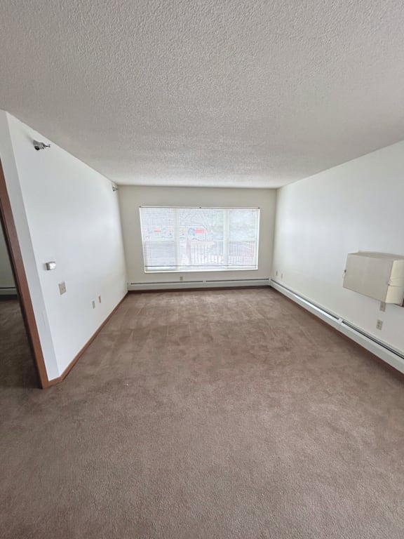 A room with a carpeted floor and a window with blinds.
