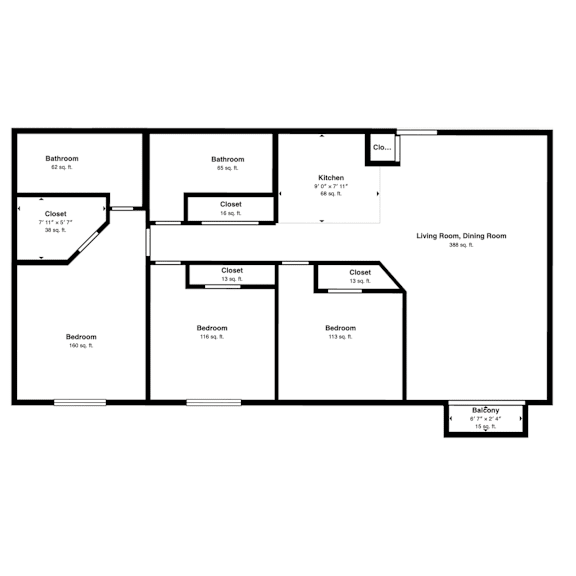 A floor plan of a house with a living room, dining room, kitchen, and four bedrooms.