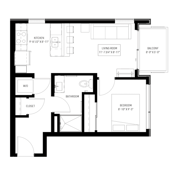 A black and white image of a floor plan for a small apartment.