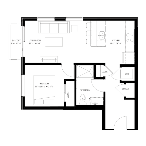 A black and white image of a floor plan for a home with a balcony, living room, kitchen, bedroom, and bathroom.