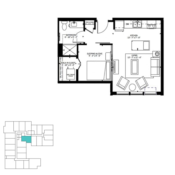 A floor plan of a house with a bathroom, kitchen, living room, and bedrooms.