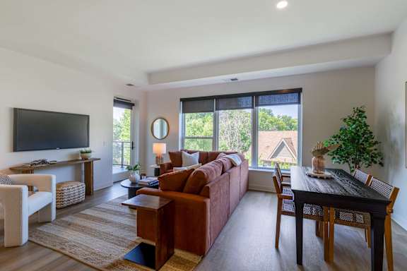 A living room with a brown couch and a television.