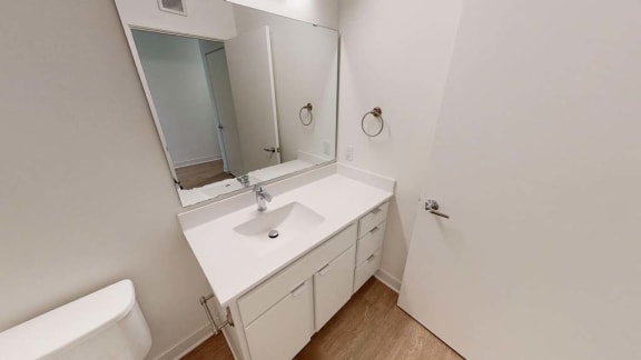 a bathroom with a sink toilet and a mirror