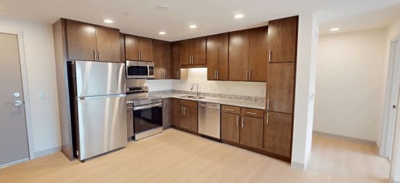 a kitchen with stainless steel appliances and wooden cabinets
