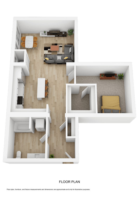 A 3D floor plan of a house with multiple rooms and furniture.