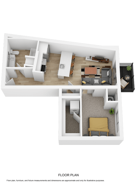 A 3D floor plan of a house with a living room, kitchen, and two bedrooms.