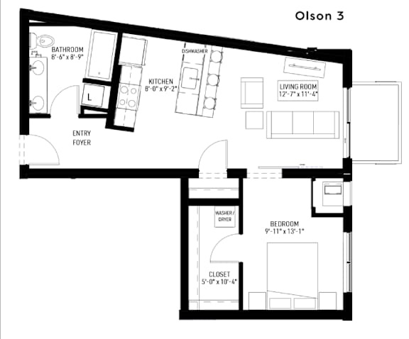 A black and white image of a floor plan for a property named Olson 3.