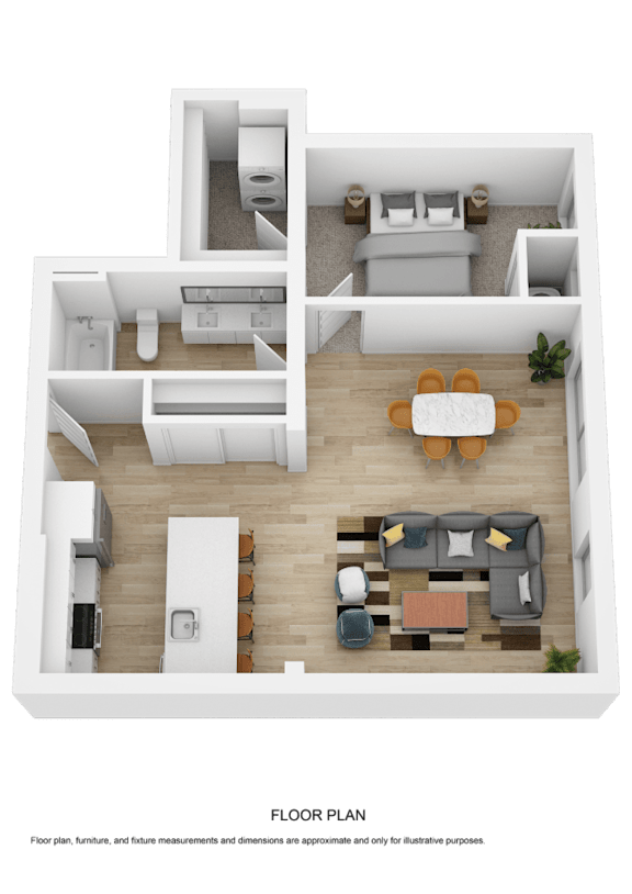 A top-down view of a living room, kitchen, and bathroom in a house.