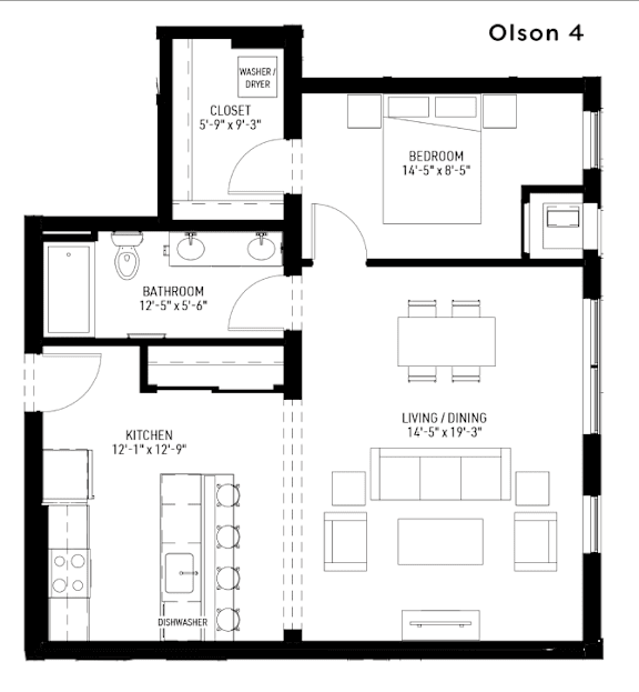 A black and white floor plan of a house named Olson 4.