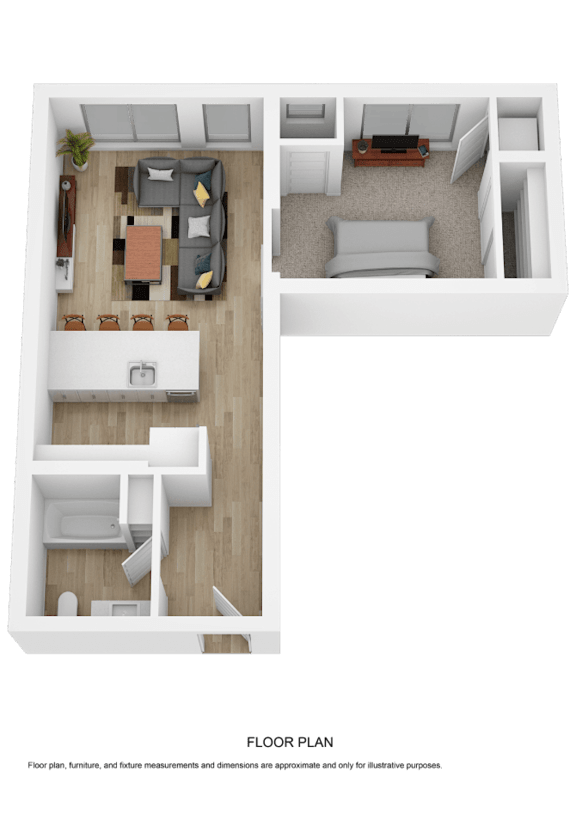 A floor plan of a two-bedroom apartment with a living room, kitchen, and bathroom.