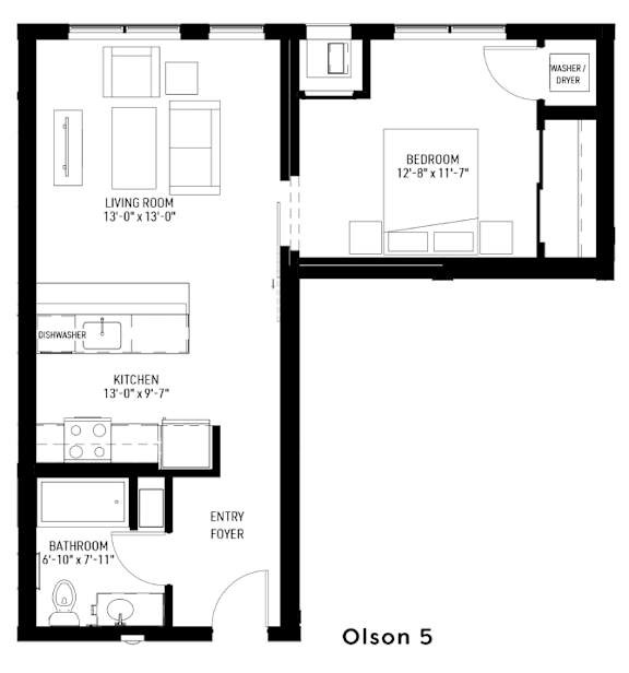 A floor plan of a small apartment named Olson 5.