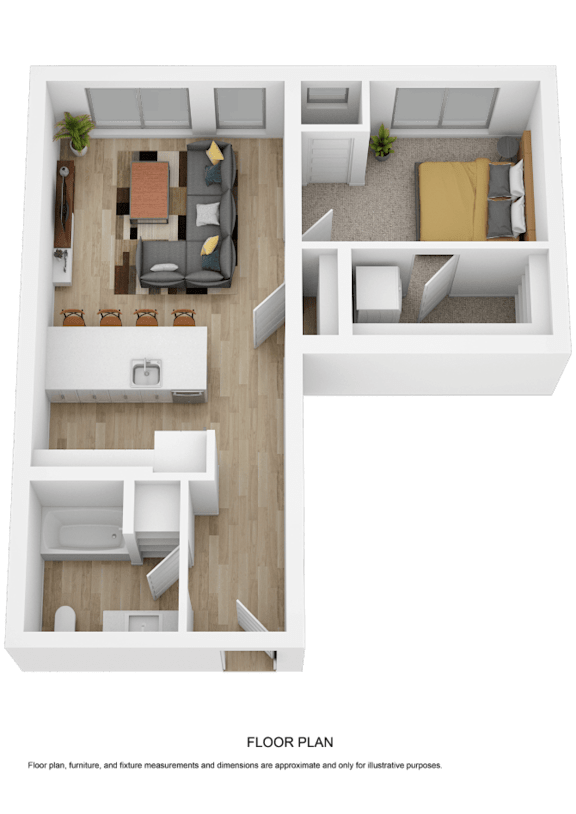 A top-down view of a two-bedroom apartment with a living room, kitchen, and bathroom.