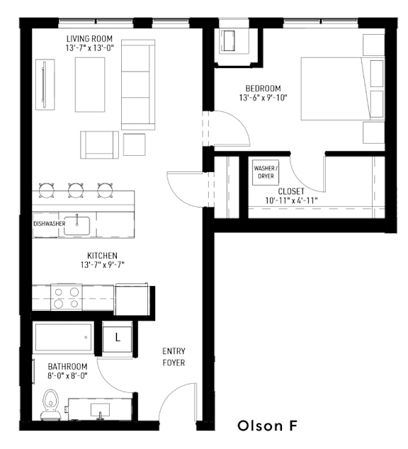 A black and white image of a floor plan for a Olson F apartment.