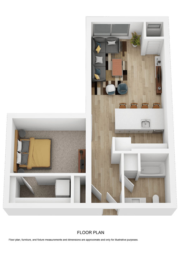 A top down view of a small apartment with a bedroom, living room, and kitchen.