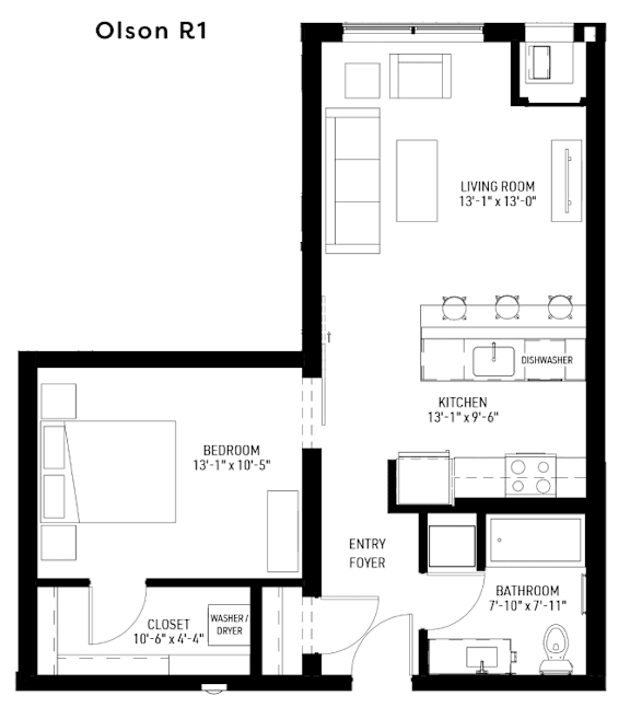 A floor plan for Olson R1 shows the layout of a living room, kitchen, bedroom, bathroom, and closet.