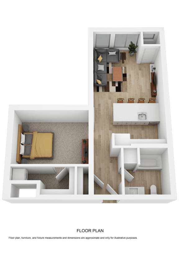 A top down view of a small apartment with a living room, kitchen, and bedroom.