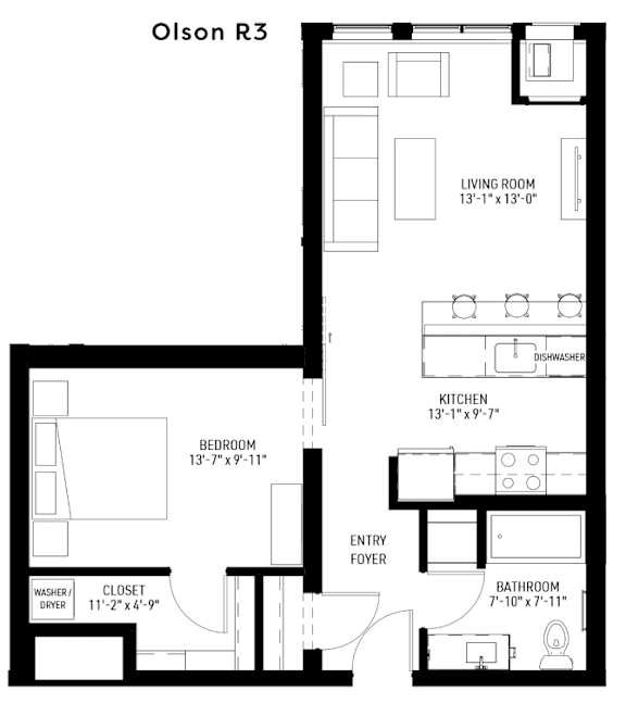 A black and white image of a floor plan for a Olson R3 apartment.