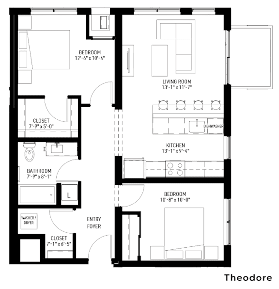 A black and white image of a floor plan for a Theodore apartment.