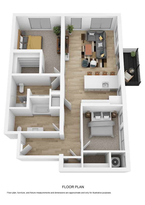 A 3D floor plan of a house with a living room, kitchen, dining room, and two bedrooms.