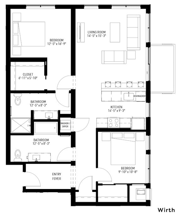 A black and white image of a floor plan for a Wirth apartment.