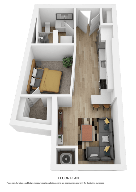 A 3D floor plan of a small apartment with two bedrooms and a living room.