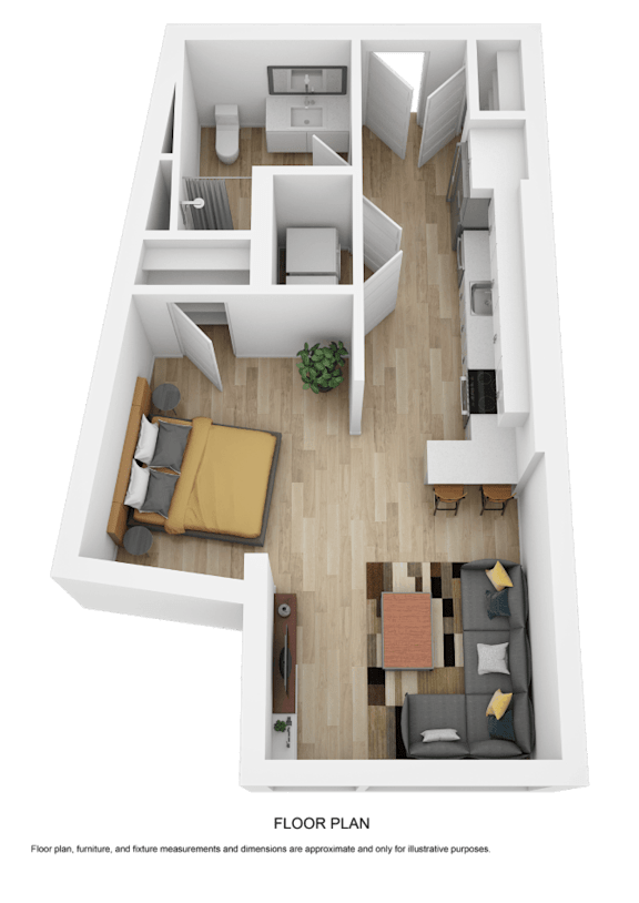 A 3D floor plan of a small apartment with a living room, kitchen, and bedroom.