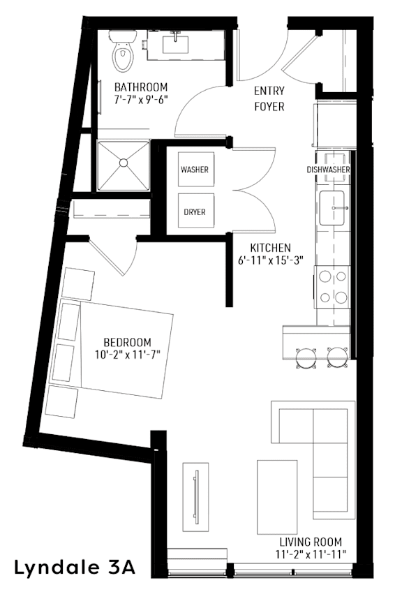 A black and white image of a floor plan for a one bedroom apartment.