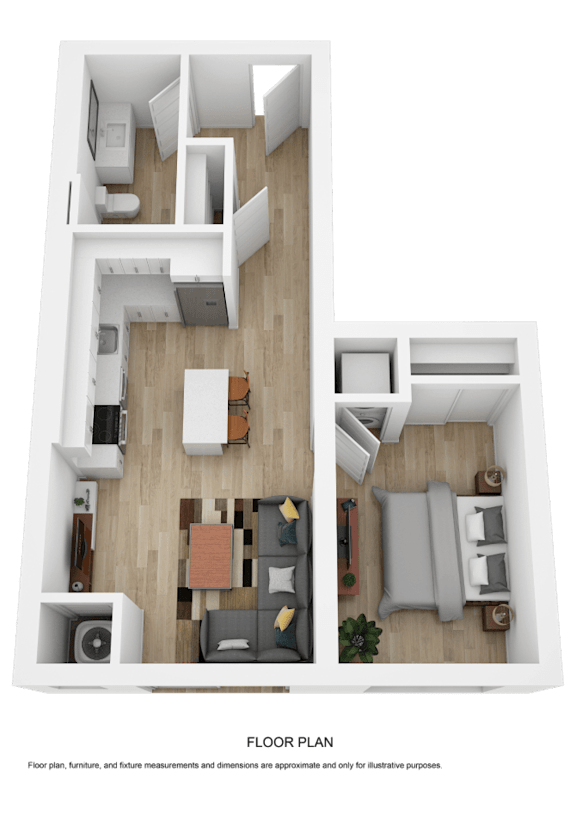 A top-down view of a modern apartment layout.