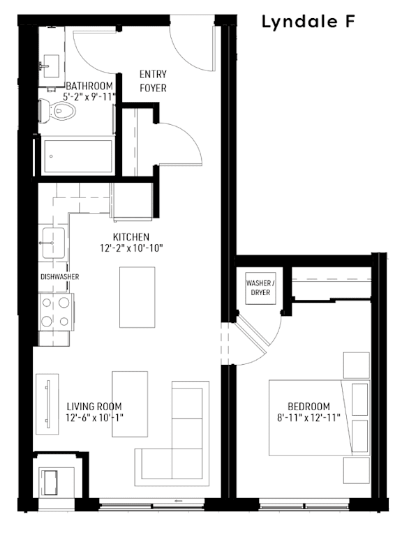 A floor plan of apartment named Lyndale F with dimensions of each room.