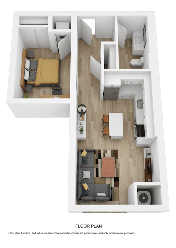 A floor plan of a small apartment with two bedrooms and a living area.