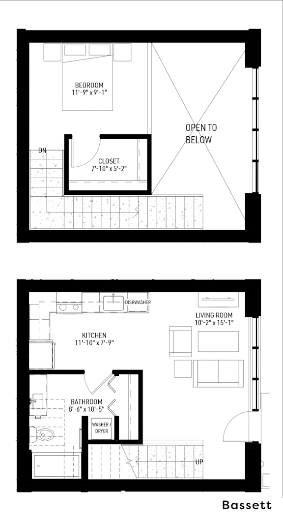 A floor plan for a home with a living room, kitchen, and bathroom.