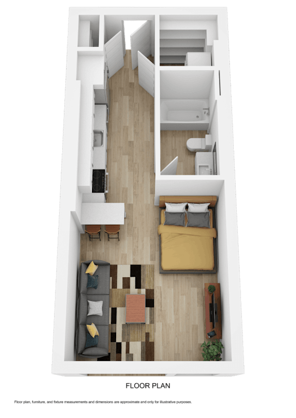 A top down view of a living room, kitchen and bedroom.