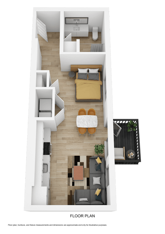 A top-down view of a small apartment with a bed, a couch, a dining table, and a kitchenette.