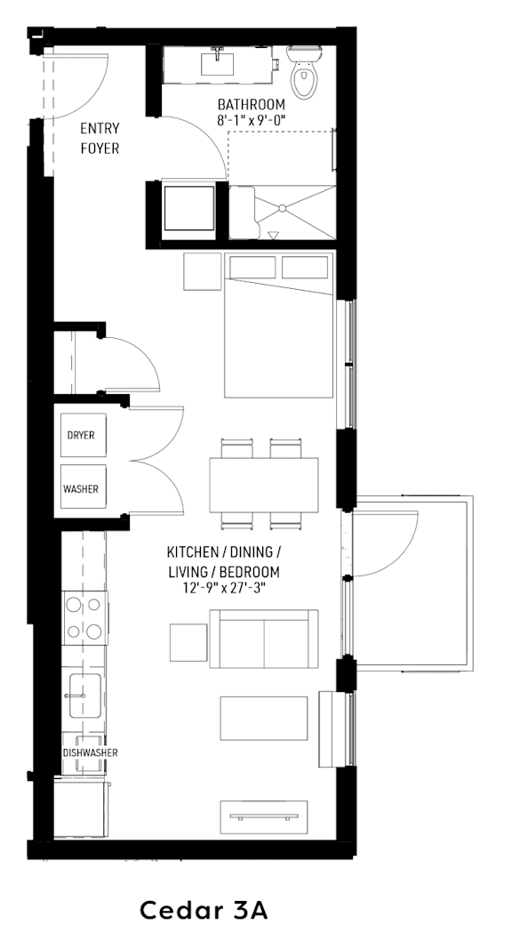 A floor plan of a Cedar 3A apartment layout.