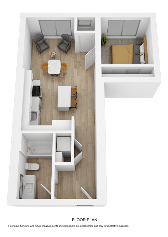 A top-down view of a modern apartment layout.